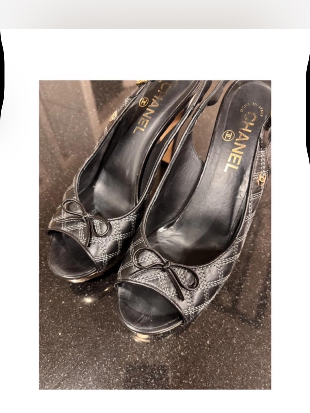 CHANEL Black Quilted Leather Peep-Toe Slingback Heels with Bow